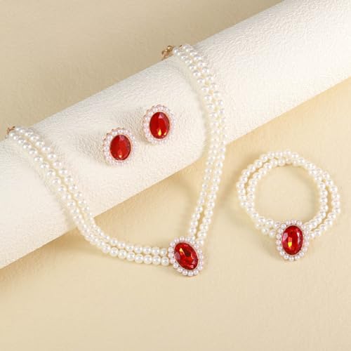 Brishow Pearl Necklace Jewelry Set Wedding Pearls Earrings Necklaces Set Bridal Crystal Bracelet Jewelry for Women (Pack of 3) - color: Red, size: 2 Layered