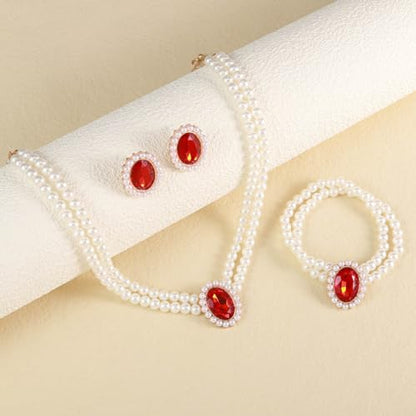 Brishow Pearl Necklace Jewelry Set Wedding Pearls Earrings Necklaces Set Bridal Crystal Bracelet Jewelry for Women (Pack of 3) - color: Red, size: 2 Layered