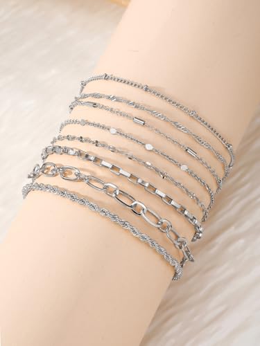 IFKM Gold Bracelets for Women, 14K Gold Plated Dainty Link Chain Bracelet set, Trendy Stackable Layered Bracelets jewelry Gifts - style: 8pcs Silver Chain twist box