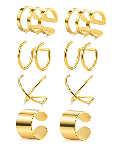 4-10 Pairs Stainless Steel Ear Cuff Helix Cartilage Clip On Wrap Earrings Fake Nose Ring Non-Piercing Adjustable - color: B1: 4 Pairs, Gold Tone