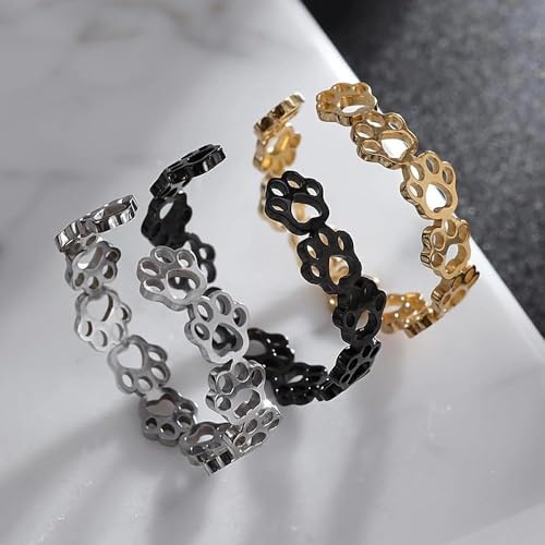 Fashionable and Cute Hollow Cat Claw Footprint Stainless Steel Open Ring Female Creative Couple Ring Animal Jewelry - color: black