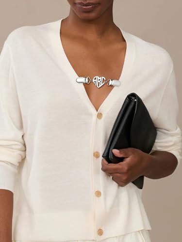 Custom4U Personalized Sweater Clips for Cardigans, Custom Name Initials Cinch Clip, Stainless Steel Dress Clips Back Cinch Shirt Clips for Women Clothing, Shawl Dress Shirts Cincher Small Brooch Jewelry Gifts - color: Steel Color-Heart