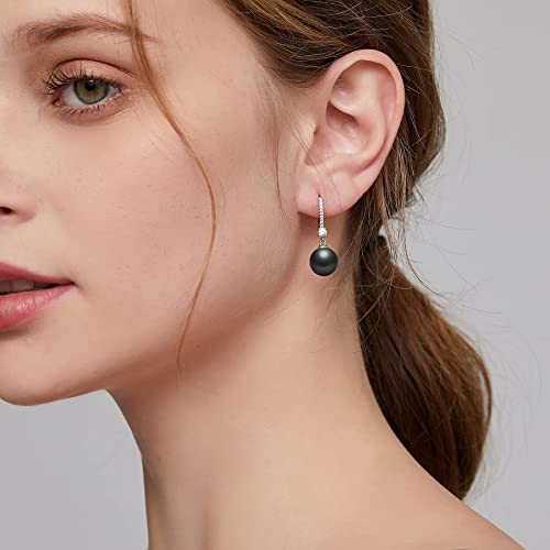 Pearl Dangle Drop Earrings for Women 925 Sterling Silver Pearl Leverback Earrings Cubic Zirconia Pearl Dangling Earrings 10MM - color: 4. Black-10mm