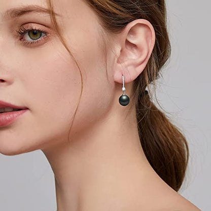 Pearl Dangle Drop Earrings for Women 925 Sterling Silver Pearl Leverback Earrings Cubic Zirconia Pearl Dangling Earrings 10MM - color: 4. Black-10mm