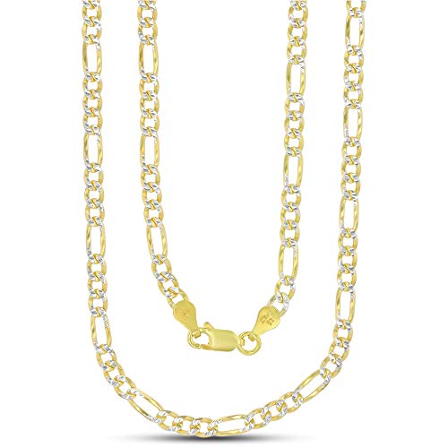 14K Gold or Rhodium Plated Silver Figaro Diamond Cut Pave Chain For Men | 1mm-13mm Thick | Solid 925 Figaro Italian Necklaces For Men - style: 4.00MM- Yellow & White