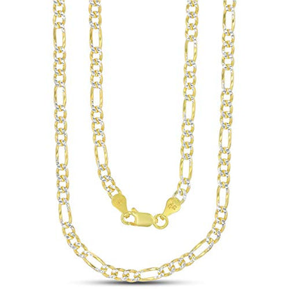14K Gold or Rhodium Plated Silver Figaro Diamond Cut Pave Chain For Men | 1mm-13mm Thick | Solid 925 Figaro Italian Necklaces For Men - style: 4.00MM- Yellow & White