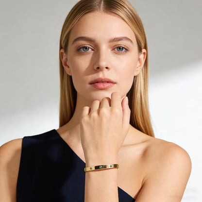 Gold Plated Stainless Steel Bangle Bracelet for Women Green Crystals Cuff | Minimalist Stacking Wristband Gift for Everyday and Formal Dress Wear