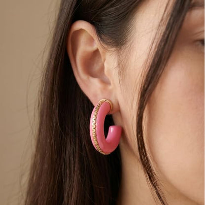 Gold Plated Resin Chunky Hoop Earrings Hypoallergenic Push Back Hoops for Sensitive Ears - color: Hot Pink
