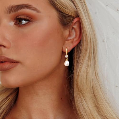 Pearl Earrings for Women, 14k Drop Earrings Gold Earrings for Women Trendy Dainty CZ Long Pearl Dangle Earrings Cute Prom Wedding Earring Dangling Bridal Jewelry Gifts