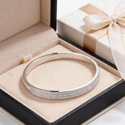 Triple-Row Rhinestone Hinged Bangle Bracelets fow Women；Sliver Plated Stainless Steel