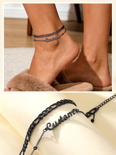 Custom4U Custom Name Anklet Bracelets for Women Waterproof Beaded/Figaro/Cuban/Rope/Wheat Chain Anklet Stackable Gold Plated Non Tarnish Custom Beach Gift Barefoot Summer Jewelry for Her - color: C03-Black Figaro Chain