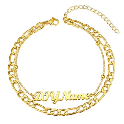 ChainsHouse Double Layer Anklet Bracelet for Women,Adjustable Chain Anklets Stackable Dainty Anklets,Stainless Steel/Gold Plated/Black Ankle Jewelry Gifts - color: B-Gold Plated-Figaro Chain