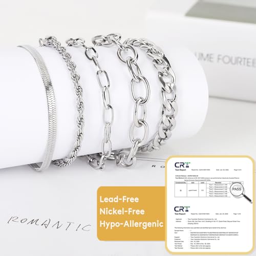 SEEDRILL Bracelets for Women Trendy Waterproof 316 Stainless Steel 18K Real Gold Plated Jewelry Sets Chunky Stackable Cuban Link Paperclip Herringbone Rope Chain Bracelet Pack Gifts Silvery/Gold-Tone - color: Silvery