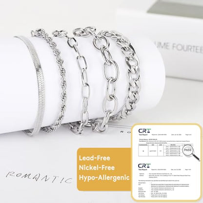 SEEDRILL Bracelets for Women Trendy Waterproof 316 Stainless Steel 18K Real Gold Plated Jewelry Sets Chunky Stackable Cuban Link Paperclip Herringbone Rope Chain Bracelet Pack Gifts Silvery/Gold-Tone - color: Silvery