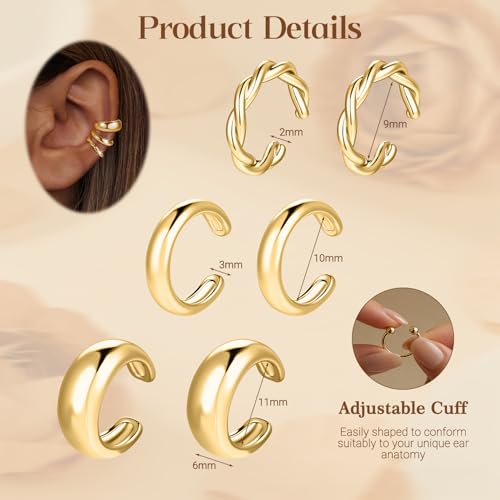 Ear Cuff Earrings for Women Non Piercing Helix Cartilage Clip on Ear Cuffs 14K Gold Plated & Sterling Silver Stainless Steel Hypoallergenic Huggie Hoop Fake Earring Set Jewelry Gift - color: A4-Chunky Hoop Set Gold