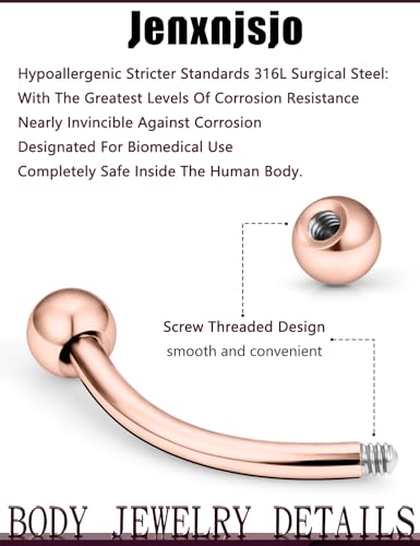 Jenxnjsjo 16g 6/8/10/12mm Silver/Gold/Black Eyebrow/Rook/Snug/Vertical-Labret/VCH/Snake-Eyes/Anti-Tragus/Christina/Daith/Belly-Button/Bridge/Hood/Surface Curved Barbell Piercing Jewelry for Women Men - color: Silver & Rose Gold