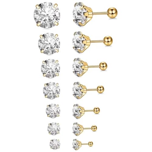 7 Pairs 20G Stainless Steel Stud Earrings Set Cubic Zirconia CZ Earrings Multi Size 2mm-8mm - color: golden, size: Modern