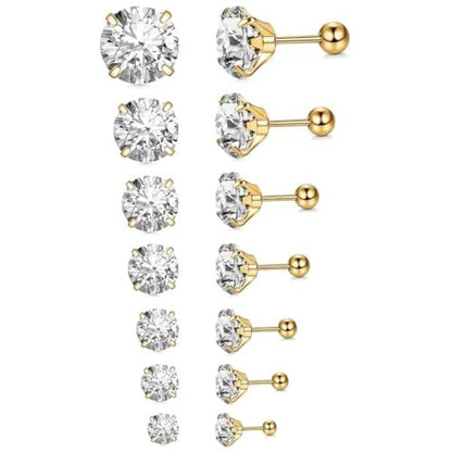7 Pairs 20G Stainless Steel Stud Earrings Set Cubic Zirconia CZ Earrings Multi Size 2mm-8mm - color: golden, size: Modern