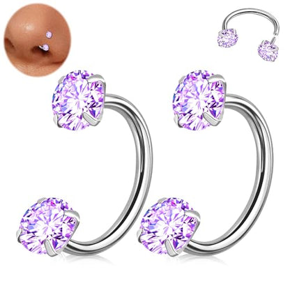 ONESING 9-40 Pcs Nose Rings - Hoops, Studs & L Shape - Hypoallergenic Stainless Steel Nose Piercings for Women & Men - color: 2pcs-16G Purple CZ