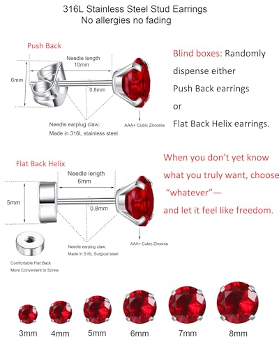 6 Pairs Surgical Steel Flat Back Earrings | CZ Stud Set | Hypoallergenic 316L Surgical Steel • Flat Back Threaded Studs for Cartilage, Helix & Lobe • 6 Mixed Sizes (3-8mm) - color: Red