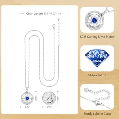 Peeshow Compass Birthstone Necklace for Women Wife, S925 Sterling Silver Gift for Wife Wedding Anniversary Birthday Gifts for Women Jewelry for Her Girlfriend I'd be Lost without You - style: 09-Sept-Sapphire
