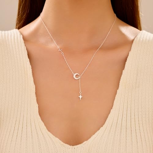 Dainty Crescent Moon Star Necklace for Women 925 Sterling Silver Y Shape Drop Lariat Necklace Trendy Pendant Choker Necklace Jewelry Birthday Ramadan Mothers Day Jewelry Gifts - color: Silver