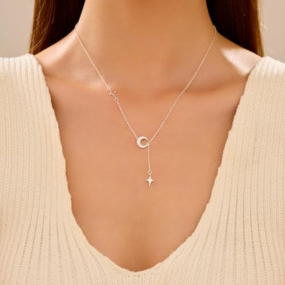 Dainty Crescent Moon Star Necklace for Women 925 Sterling Silver Y Shape Drop Lariat Necklace Trendy Pendant Choker Necklace Jewelry Birthday Ramadan Mothers Day Jewelry Gifts - color: Silver