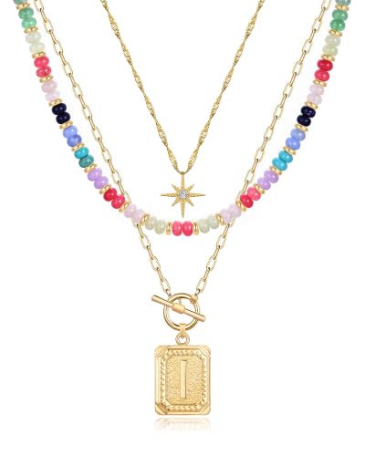 MJartoria Layered Initial Necklaces for Women | 14K Gold Plated Brass, Star Choker, Colorful Beaded, Square Letter Pendant, - color: Gold Plated, style: I