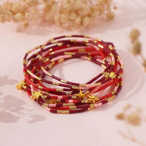 Gold Beaded Bracelets Stack for Women Stocking Stuffers 12PCS Boho Gold Plated Seed Beads Bracelet Stretch Star Stackable Accessories Jewelry Friendship Fall Christmas Gifts for Women - color: Red