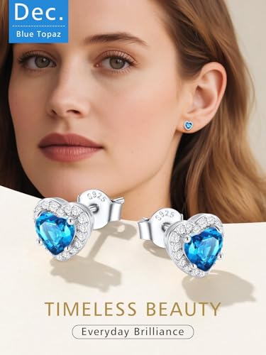 FindChic Birthstone Earrings for Women, Round/Heart/Square/Teardrop Earrings with 925 Sterling Silver Posts & Push Backs, Hypoallergenic Studs with Cubic Zirconia, 12 Months Jewelry with Gift Box - style: 12. December-Blue Topaz (Heart-Silver)