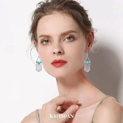 Boho Turquoise Dangle Earrings For Women Trendy,Western Blue Gemstone Drop Earings,Vintage Gothic Ethnic Statement Beach Vacation Long Birthstone Earrings with Leaf Teardrop Turquoise Crystal Tassels,Fashion Jewelry Birthday Gift. - style: A1 Turquoise ta