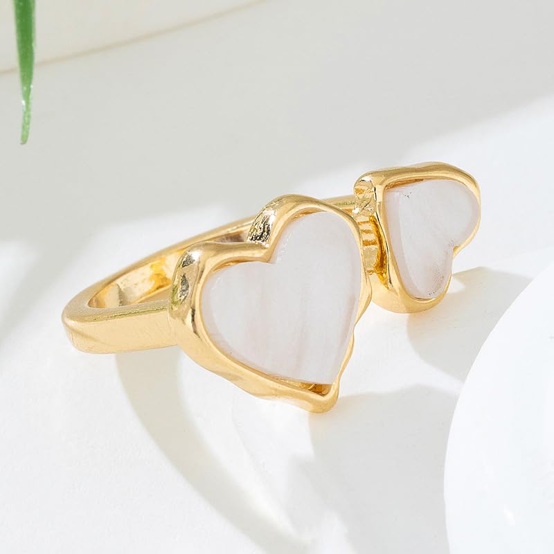 Retro Enamel Double Hearts Open Statement Ring for Women Fashion Simple Asymmetry Love Hearted Wrap Finger Knuckle Adjustable Bands Rings Gold Plated Wedding Eternity Promise Engagement Jewelry - color: White