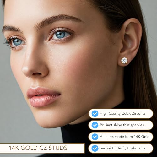 14k Yellow Gold Solitaire Round Cubic Zirconia Stud Earrings - Pushbacks - style: 8mm