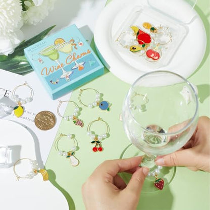 SUNNYCLUE 14 Sets Wine Glass Charms - Thanksgiving, Christmas Party Favor - style: 14 Sets Golden Tone Fruit Drink Identifiers & Upgraded Gift Box