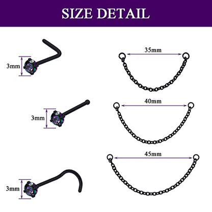 Nose Ring Chain Across Nose Black Stainless Steel Nostril Nose Piercing Chain with Cubic Zirconia Nose Screw Bone L-Shaped Ring for Women Body Piercing Nostril Jewelry with Bridge Chain - color: Black-Single Nose Chain Studs