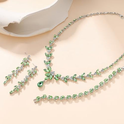 EVER FAITH Marquise Crystal Leaf Bridal Prom Jewelry Set for Women Bride | Rhinestone Wedding Party Necklace Dangle Earrings Tennis Bracelet, for Bridesmaid - color: Light Green Silver-Plated-Base
