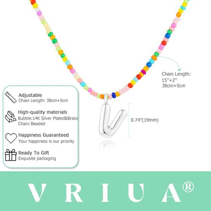 VRIUA Colorful Initial Necklaces for Women – Bubble Letter A-Z Necklace Handmade Beaded Necklace Dainty Initial Necklaces for Girls Kids - Teen Girls Gifts Trendy Jewelry - color: Silver, style: V