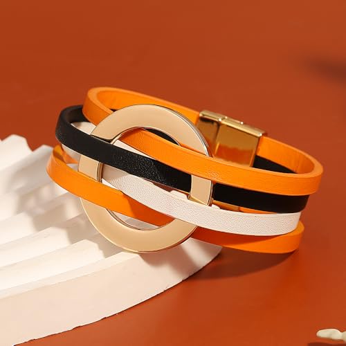 hotoo Circle Charm Bracelets for Women Handmade Leather Wrap Bracelets for Couples Friendship Bracelet Bohemian Cuff Bangle Boho Jewelry Gift - color: New Orange