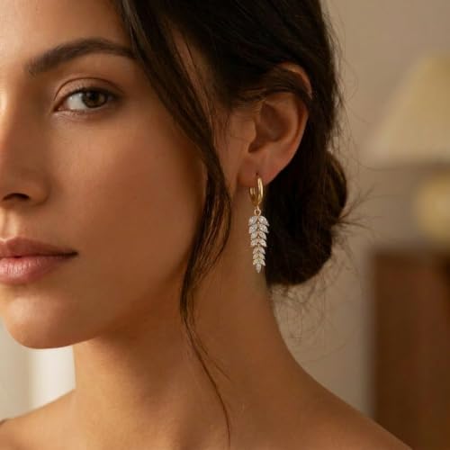 Sonateomber Christmas Tree Dangle Small Gold Hoop Earrings for Women, Cute Sparkly CZ Rhinestone Maple Clover Leaf Drop Earings Thanksgiving Holiday Accessories Fashion Jewelry Gift - color: Leaf Marquise