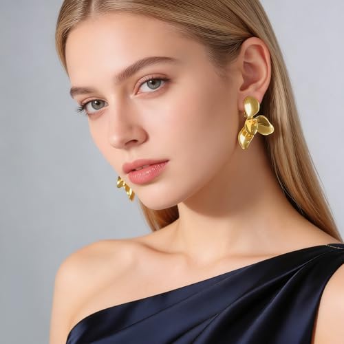 Chunky Flower Clip on Earrings for Women 14K Gold Plated No Piercing Floral Stud Earring Lightweight Jewelry Gifts - color: Flower-B-gold
