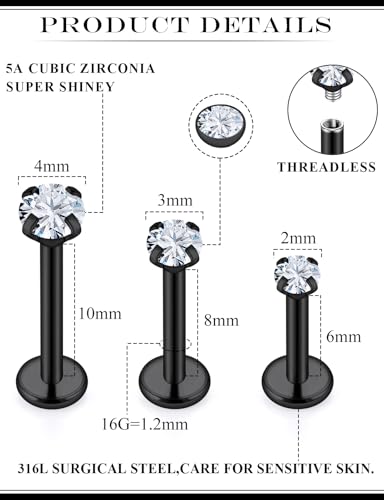 16G Internal Thread Flat Back Earrings Nose Studs 316L Surgical Steel Medusa Labret Monroe Lip Ring Tragus Forward Helix Conch Cartilage Lobe Earrings Stud Piercing Jewelry For Women Men - color: Black-Clear CZ