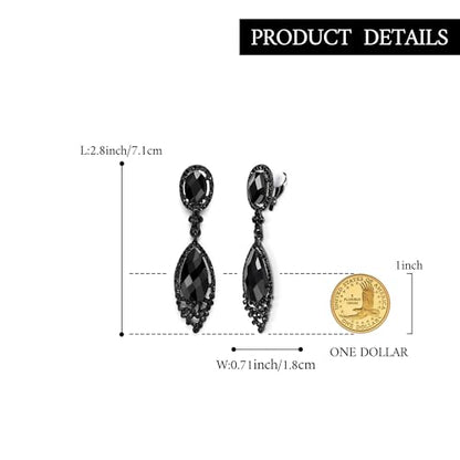 BriLove Women's Wedding Bridal Infinity Figure 8 Crystal Teardrop Chandelier Dangle Clip-On Earrings - color: Black Black-Tone