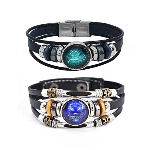 2Pcs Multilayer Constellation Zodiac Leather Bracelet Handmade Woven Zodiac Sign Wrap Bracelet Wristband for Women Men Jewelry Birthday Gift - color: H:Leo(7/23 - 8/22)