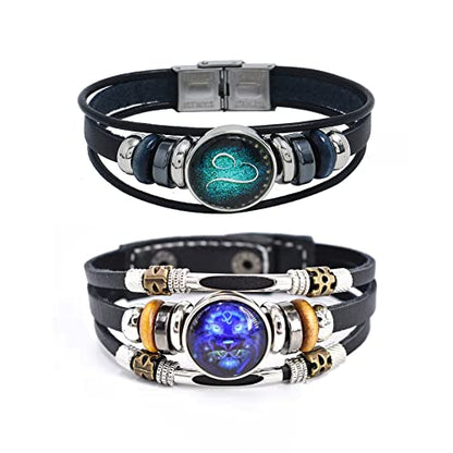 2Pcs Multilayer Constellation Zodiac Leather Bracelet Handmade Woven Zodiac Sign Wrap Bracelet Wristband for Women Men Jewelry Birthday Gift - color: H:Leo(7/23 - 8/22)