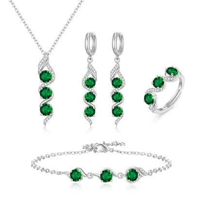 Crysdue Wedding Bridal Teardrop CZ Pendant Necklace Open Ring Dangle Earrings Adjustable Slider Bracelet Jewelry Set, Birthday Mothers Day Christmas Jewellery Gift for Women/Mom/Wife - style: 04-4pcs-Emerald CZ