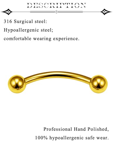 Eyebrow Piercing Jewelry Surgical Steel Vertical Labret Lip Jewelry Curved Barbell Tiny Eyebrow Rings Ear Rook Navel Small Belly Button Ring for Women Men 16g 6mm/8mm/10mm/12mm/14mm/16mm - color: goldtone,ball