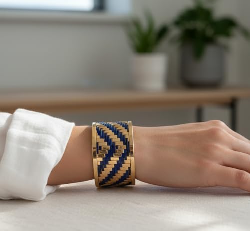 Touchstone Indian Bollywood Desire Brass Base Exotic Workmanship Free Size Cuff Bracelet in Antique Gold Or White Or Copper Tone for Women. - style: D202 Gold & Blue