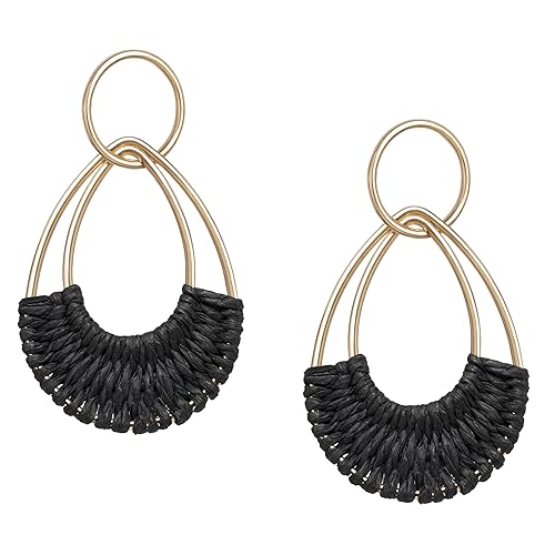 Raffia Hoop Earrings for Women Fun Boho Summer Beach Earrings Lightweight Handmade Straw Wicker Rattan Dangle Earrings Statement Geometric Round Drop Earrings - color: Black - Teardrop