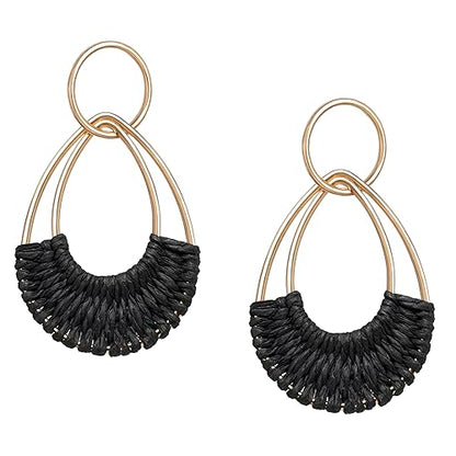 Raffia Hoop Earrings for Women Fun Boho Summer Beach Earrings Lightweight Handmade Straw Wicker Rattan Dangle Earrings Statement Geometric Round Drop Earrings - color: Black - Teardrop