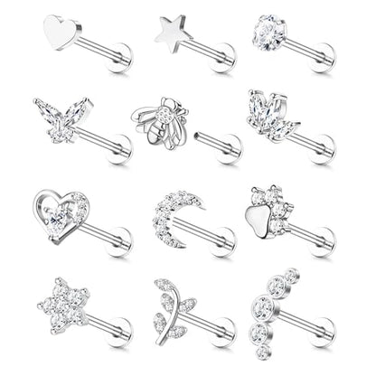 YADOCA 16G 18G Helix Flat Back Tragus Piercing Jewelry Earrings for Women | Hypoallergenic Surgical Steel Cartilage Earrings Daith Conch Medusa Nose Piercing Jewelry Gold Stud Earrings Set 6 7 8 10 MM - color: Silver, size: 16G(1.2MM)-8MM-New